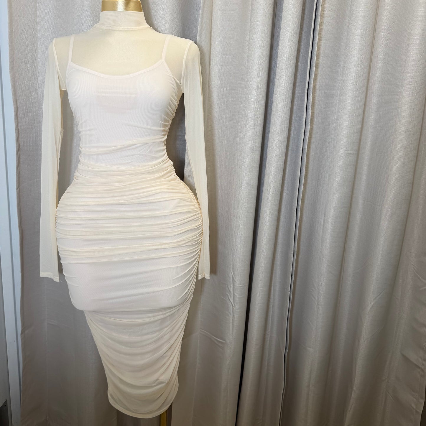 Solid Mesh Mock Neck Midi Long Sleeve Dress-Cream