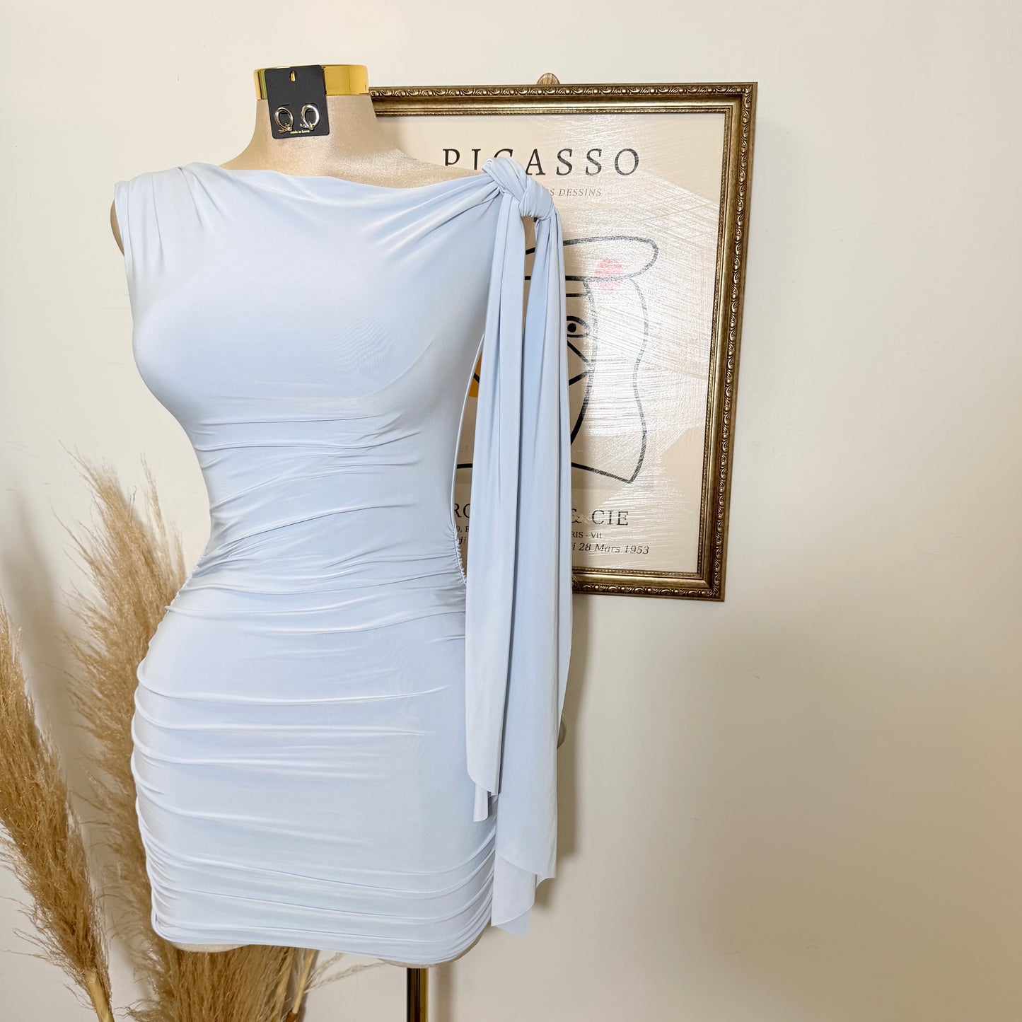 Off Shoulder Ruched Side Tie Mini Dress-Blue