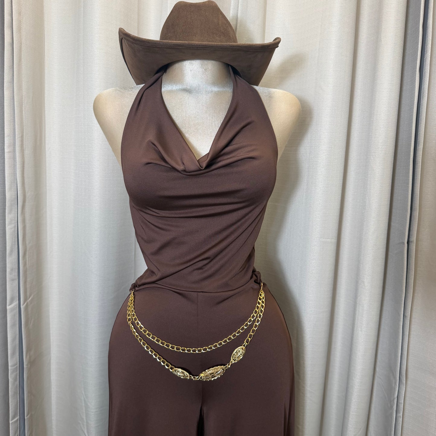 Cowl halter Neck Flare Jumpsuit-Brown