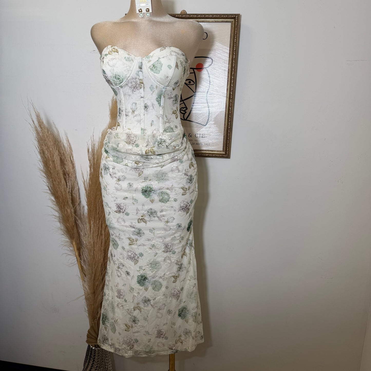 Strapless Floral Print Corset Midi Dress-Green Multi