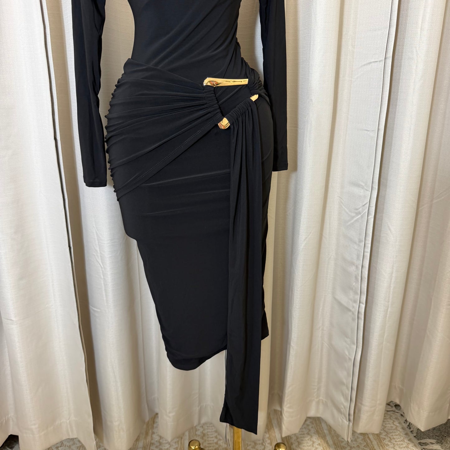 Long sleeve  Solid Double Layer Front Sash Midi Dress-Black