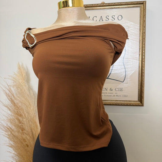 Off the shoulder Hardware Detail Top-Brown