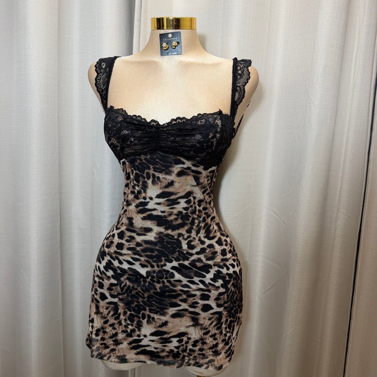 Short Sleeve cheetah Lace Mini Dress-Cheetah