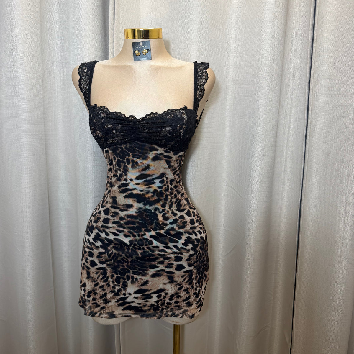 Short Sleeve cheetah Lace Mini Dress-Cheetah