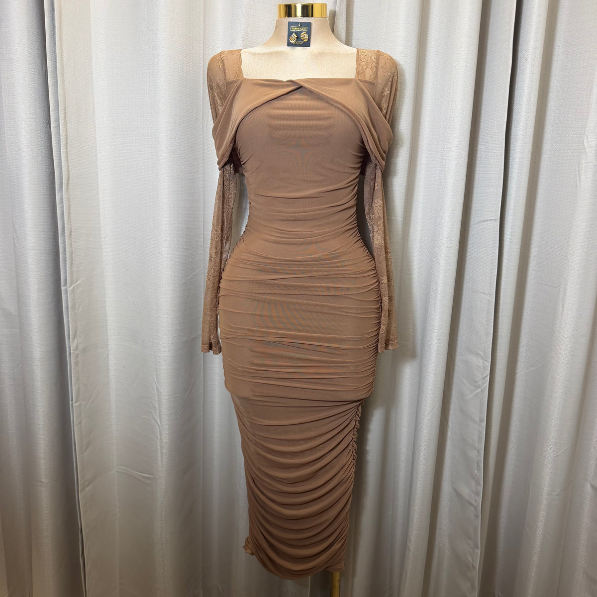 Mesh Long Sleeve Midi Dress-Mocha/Brown