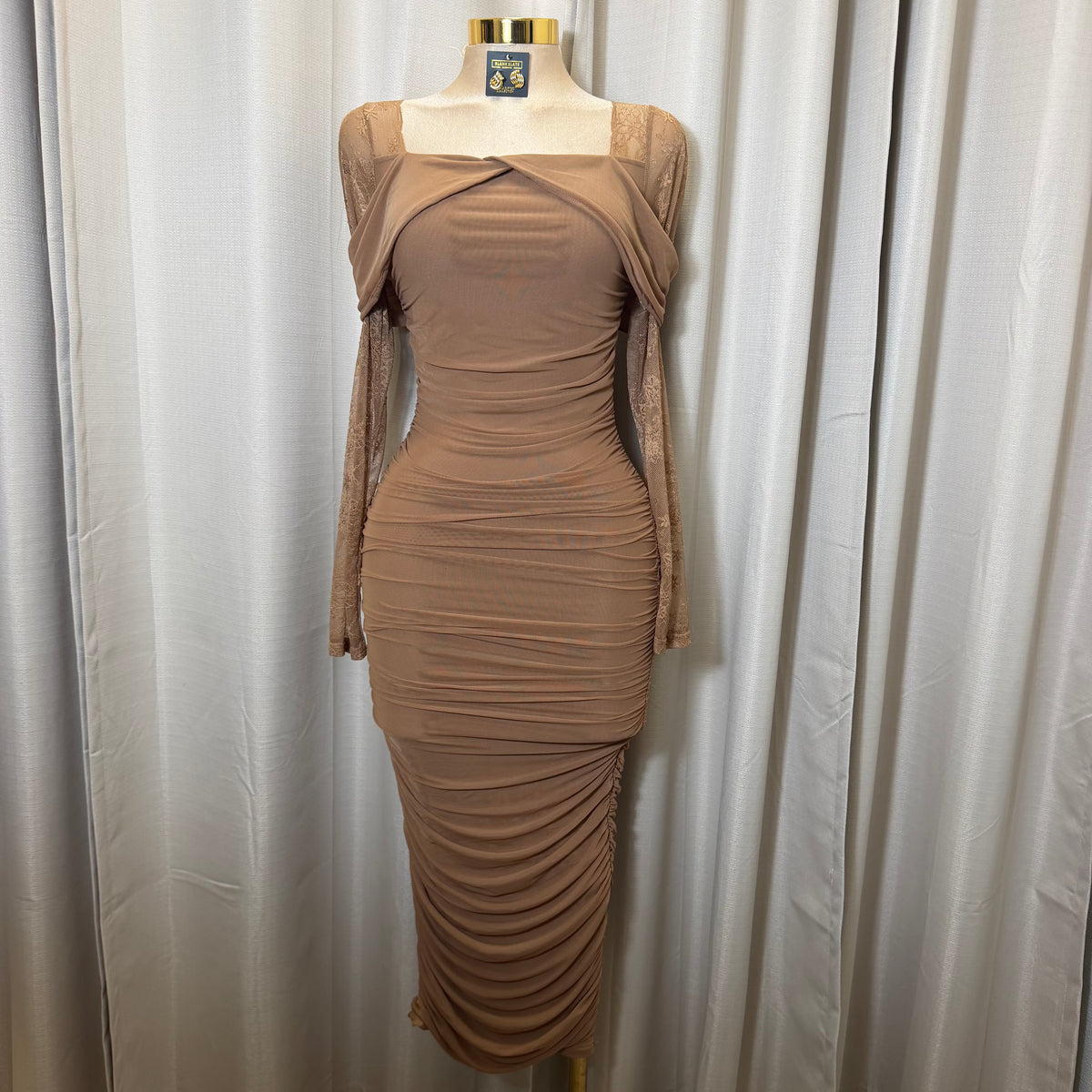 Mesh Long Sleeve Midi Dress-Mocha/Brown