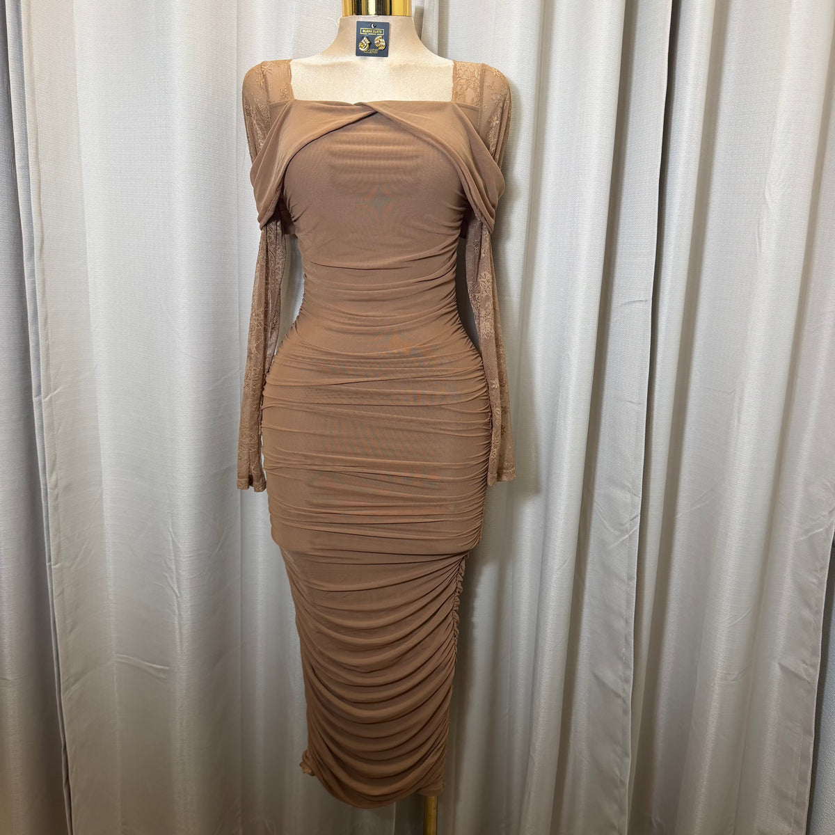 Mesh Long Sleeve Midi Dress-Mocha/Brown