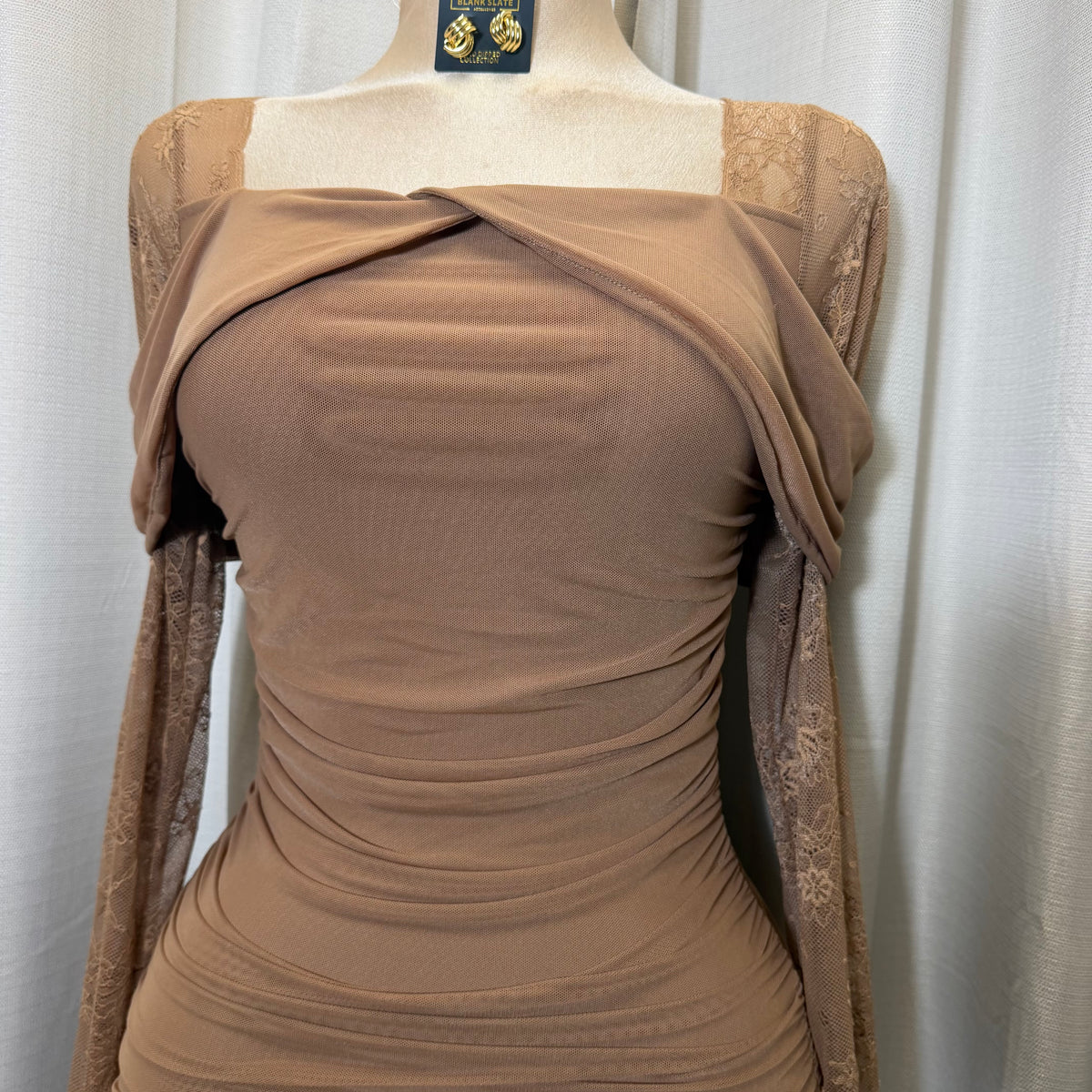 Mesh Long Sleeve Midi Dress-Mocha/Brown