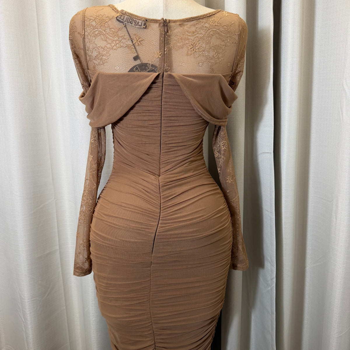 Mesh Long Sleeve Midi Dress-Mocha/Brown