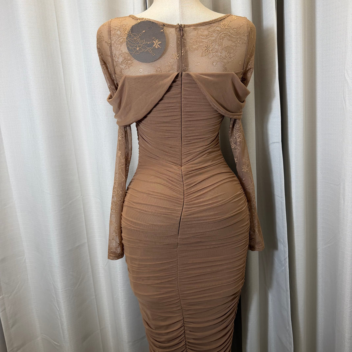 Mesh Long Sleeve Midi Dress-Mocha/Brown