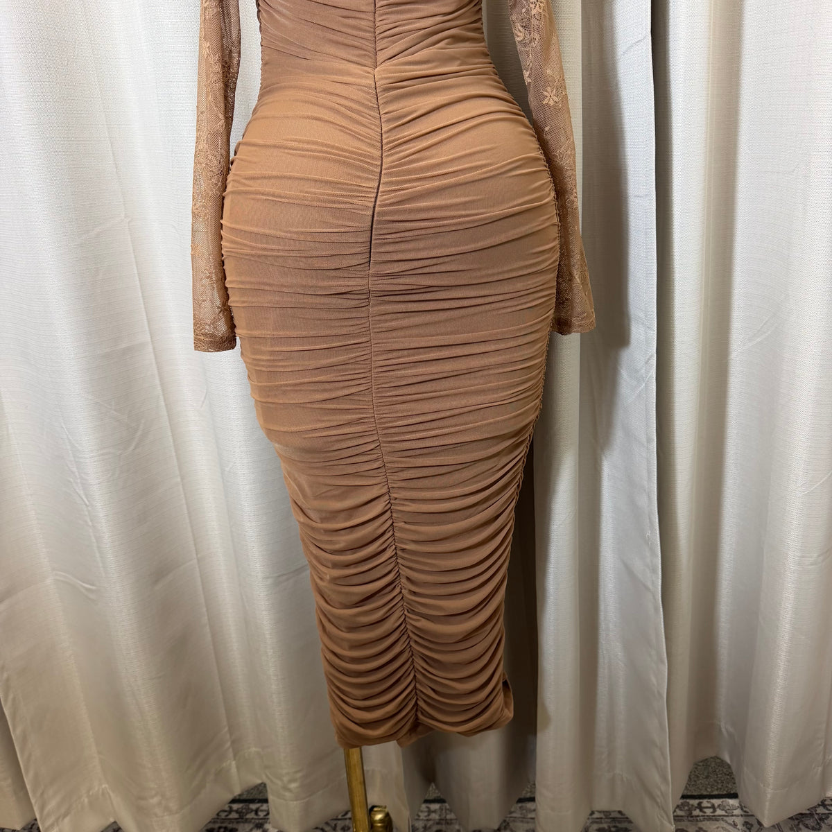 Mesh Long Sleeve Midi Dress-Mocha/Brown