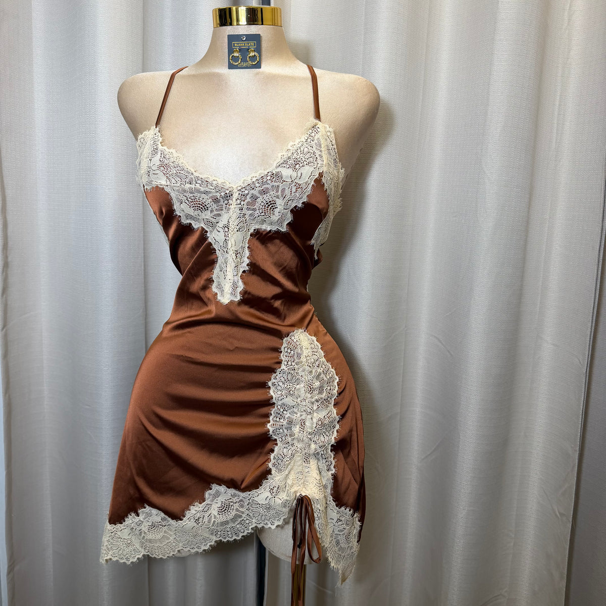 Satin Lace Open back Dress-Brown