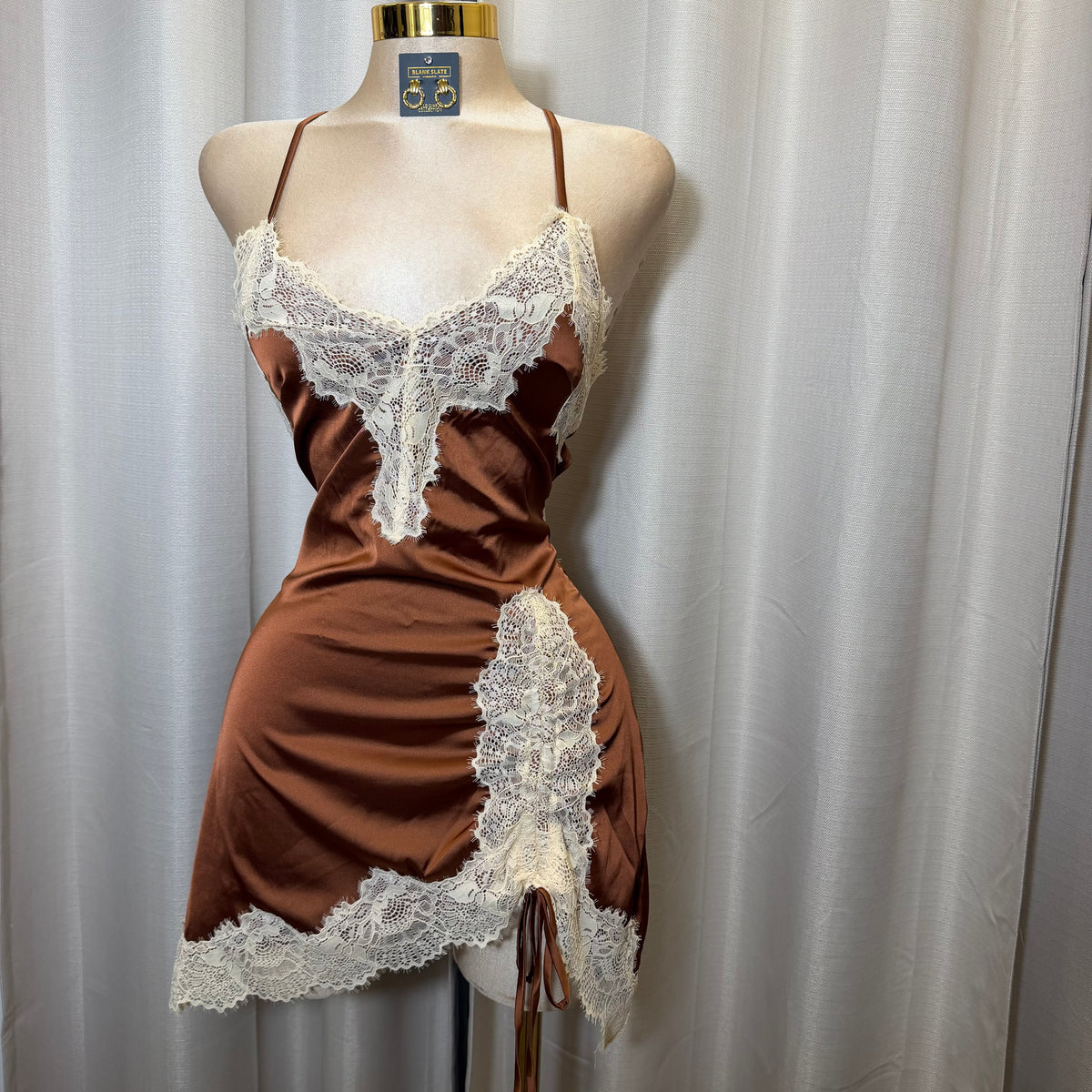 Satin Lace Open back Dress-Brown