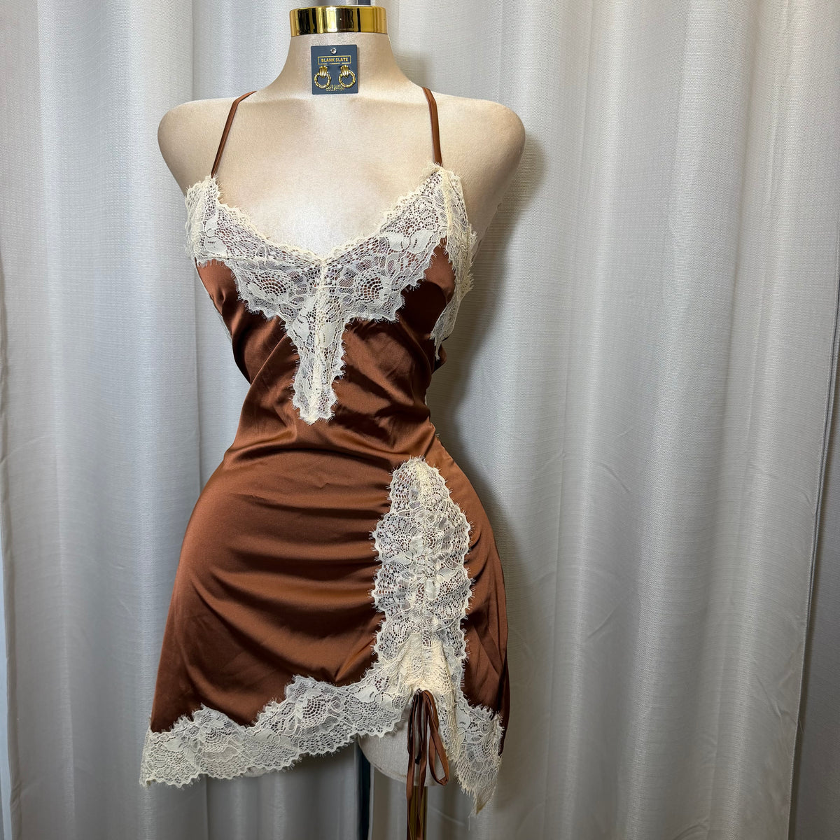 Satin Lace Open back Dress-Brown