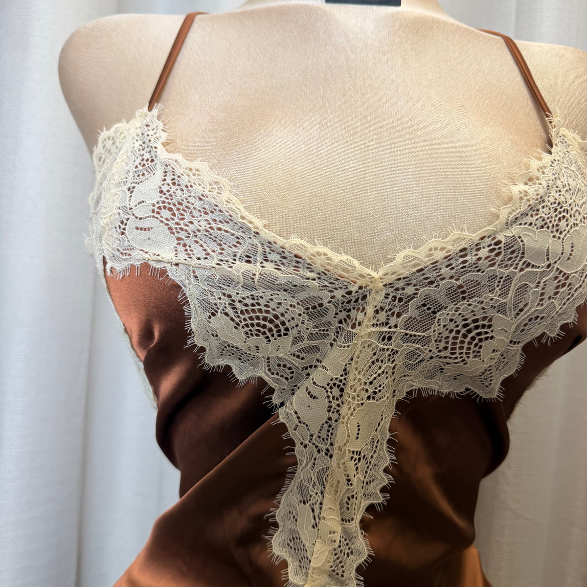 Satin Lace Open back Dress-Brown