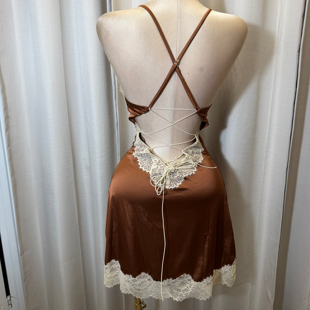 Satin Lace Open back Dress-Brown