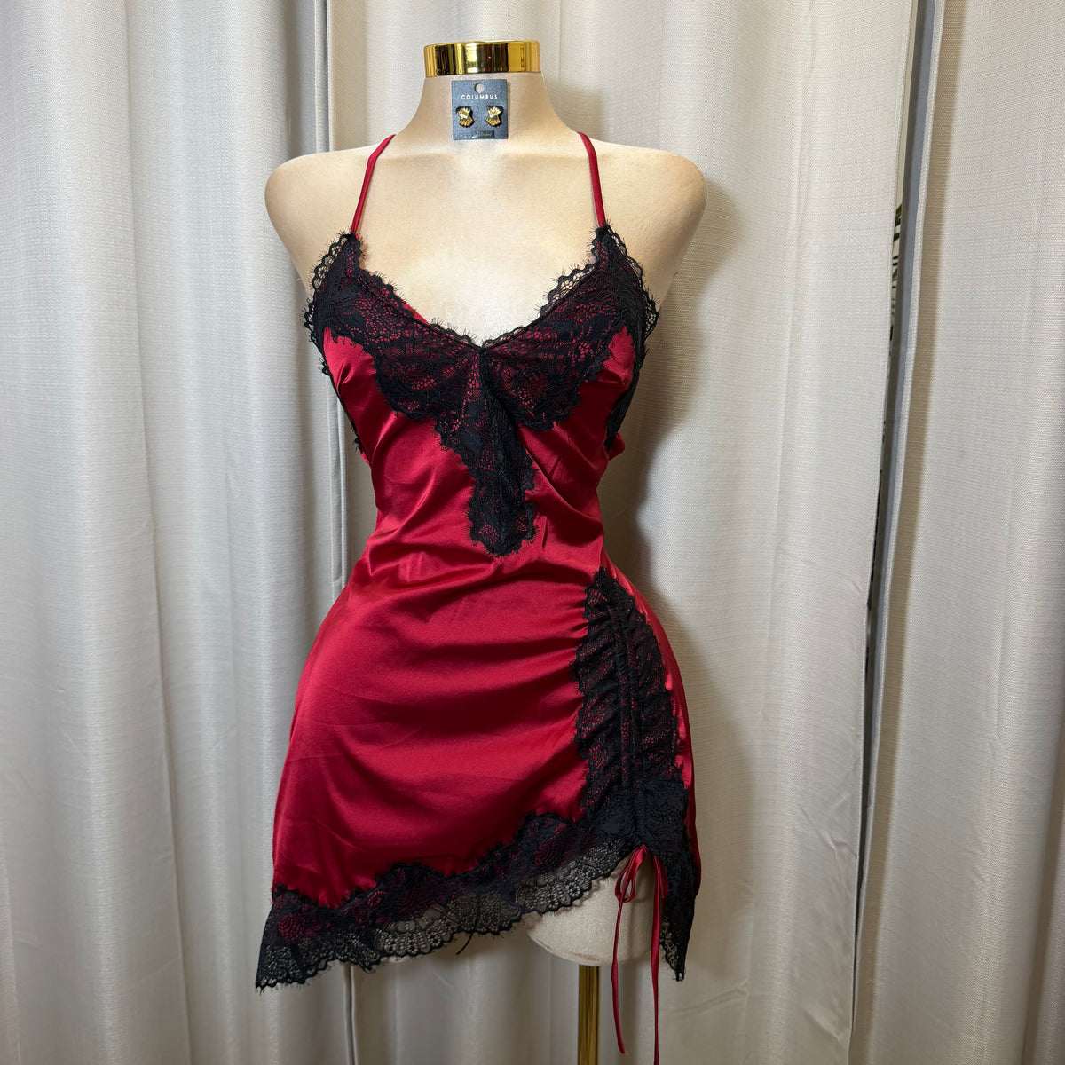 Satin Lace Open back Dress-Burgundy