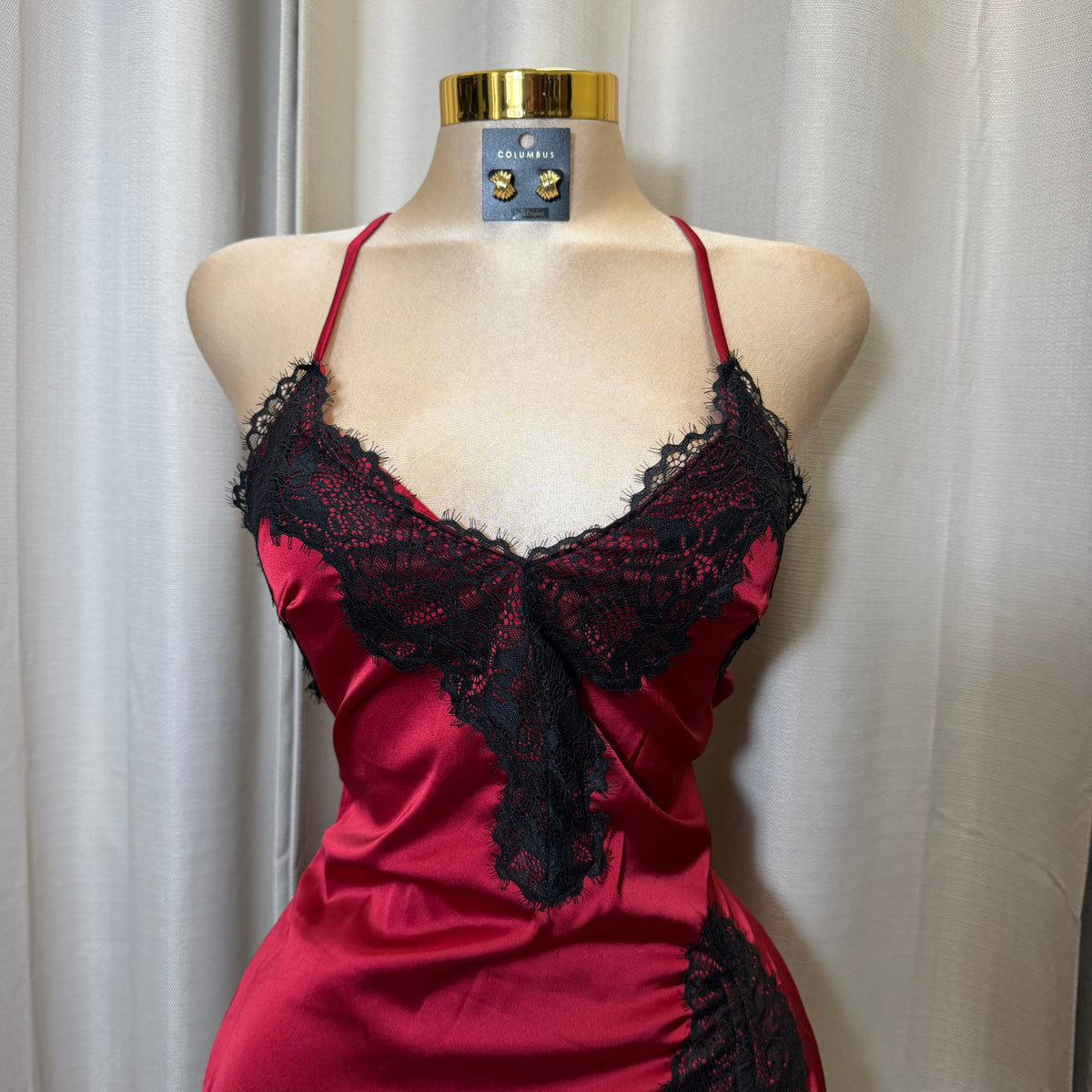 Satin Lace Open back Dress-Burgundy