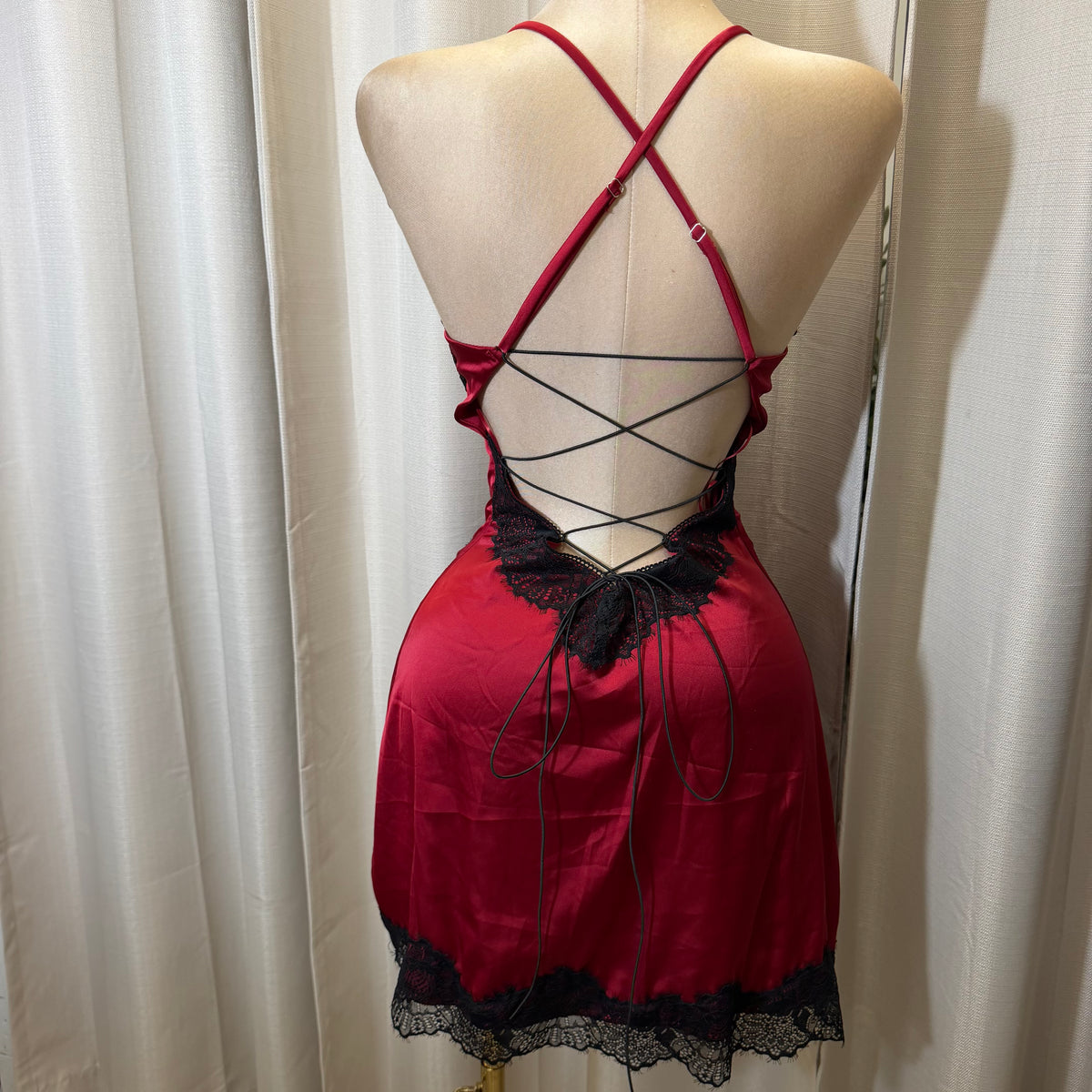 Satin Lace Open back Dress-Burgundy