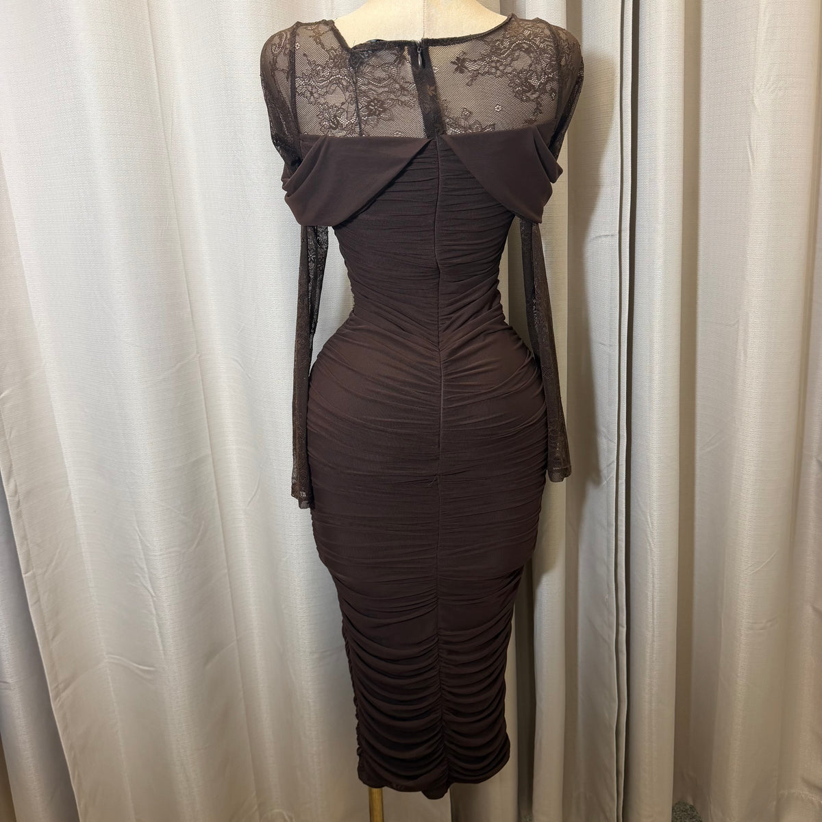 Mesh Long Sleeve Midi Dress-Chocolate