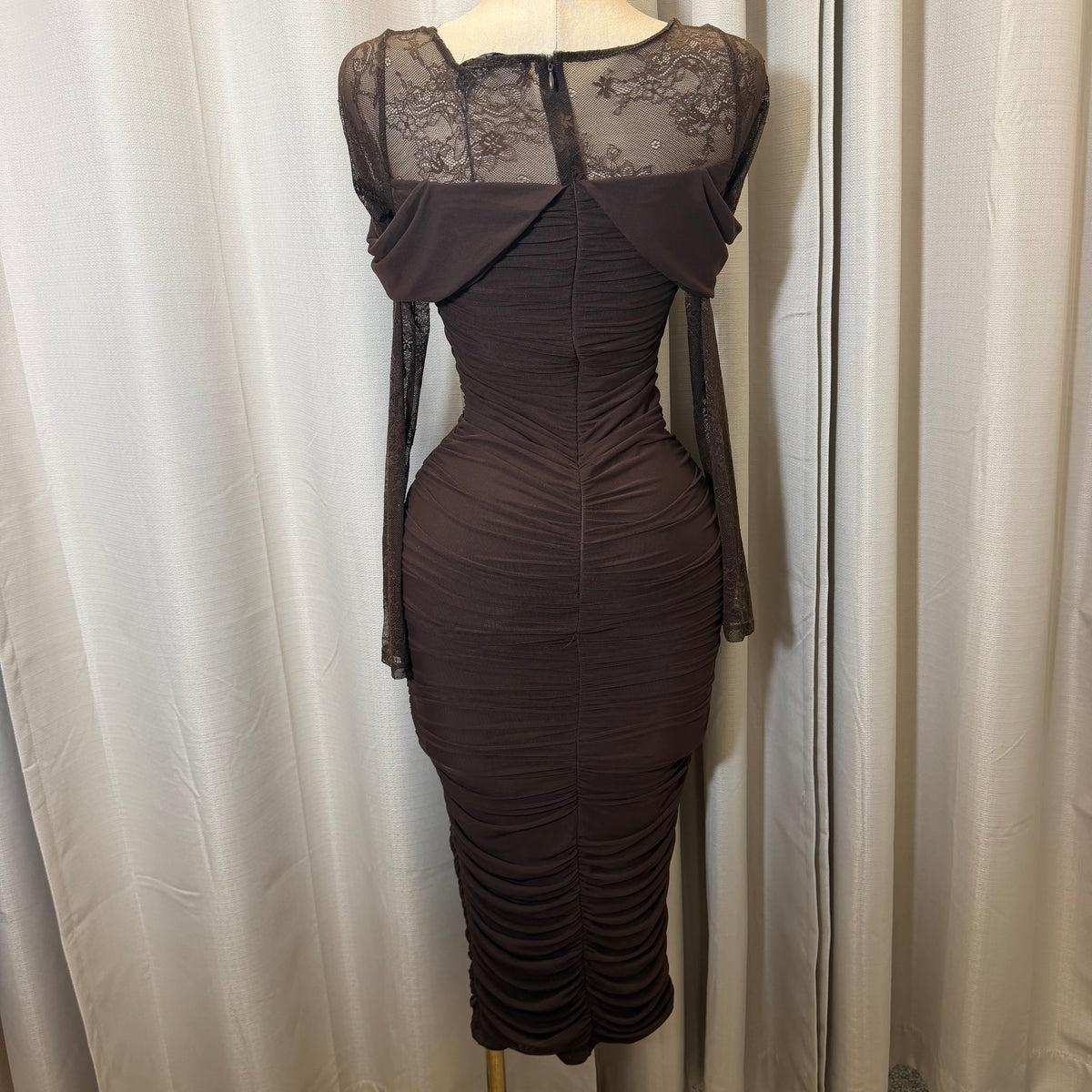 Mesh Long Sleeve Midi Dress-Chocolate