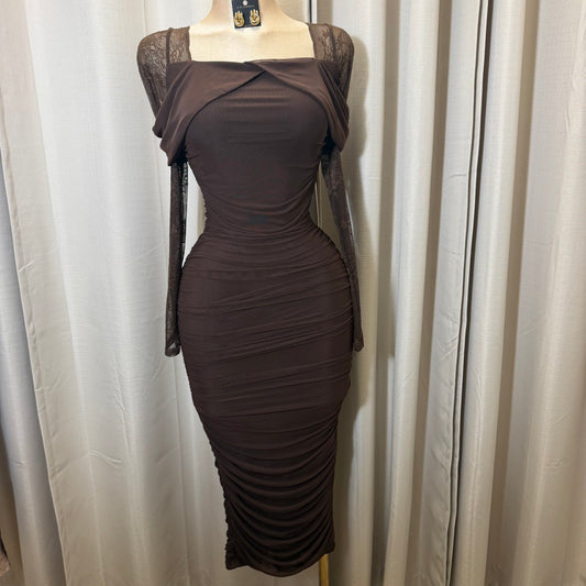 Mesh Long Sleeve Midi Dress-Chocolate