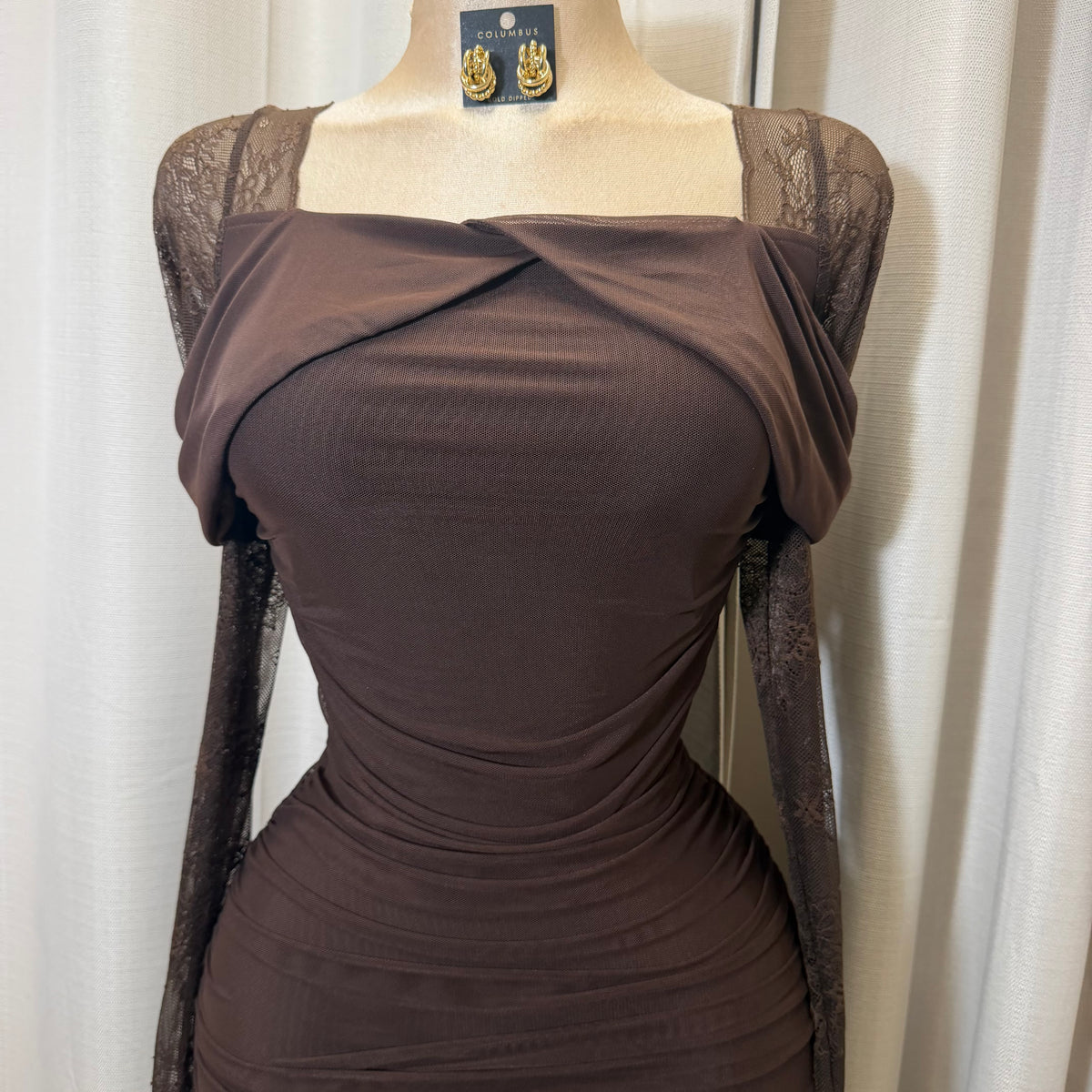 Mesh Long Sleeve Midi Dress-Chocolate