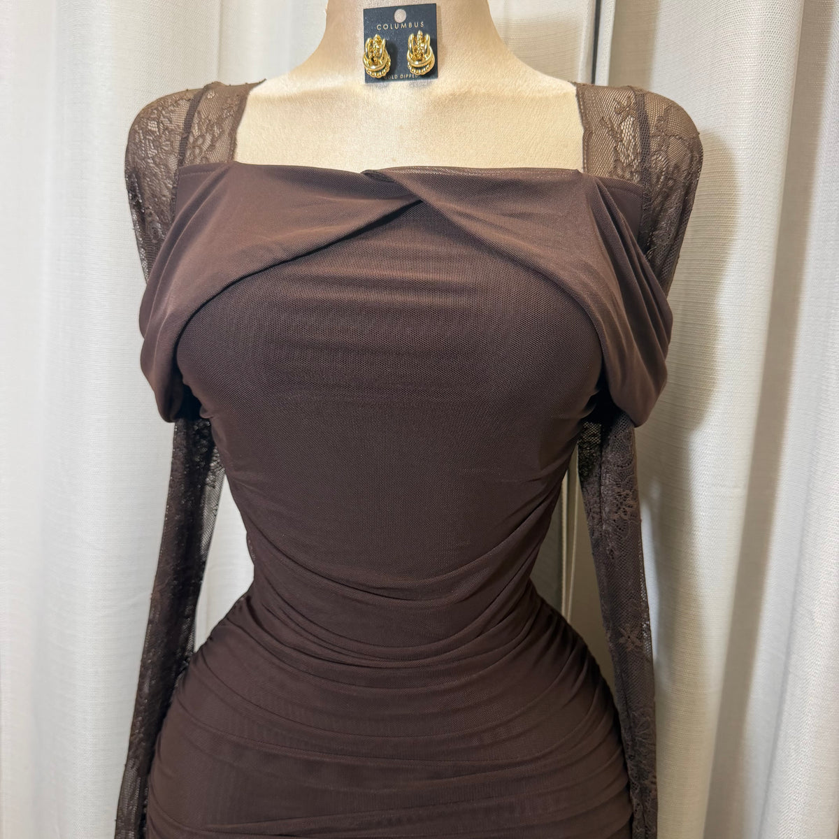 Mesh Long Sleeve Midi Dress-Chocolate
