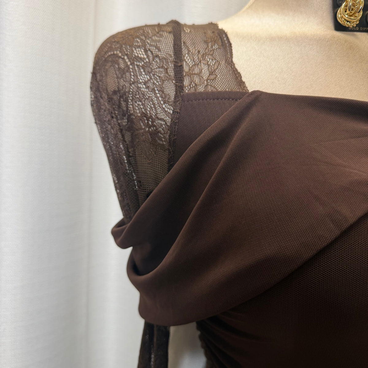 Mesh Long Sleeve Midi Dress-Chocolate