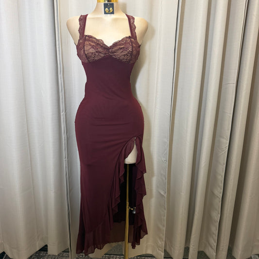 Solid Mesh Maxi Ruffle Dress-Burgundy/Plum