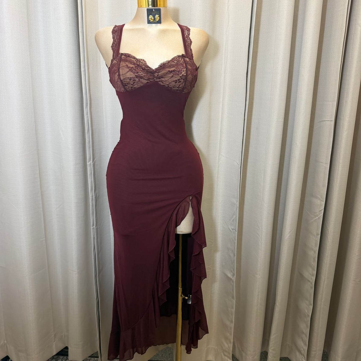 Solid Mesh Maxi Ruffle Dress-Burgundy/Plum