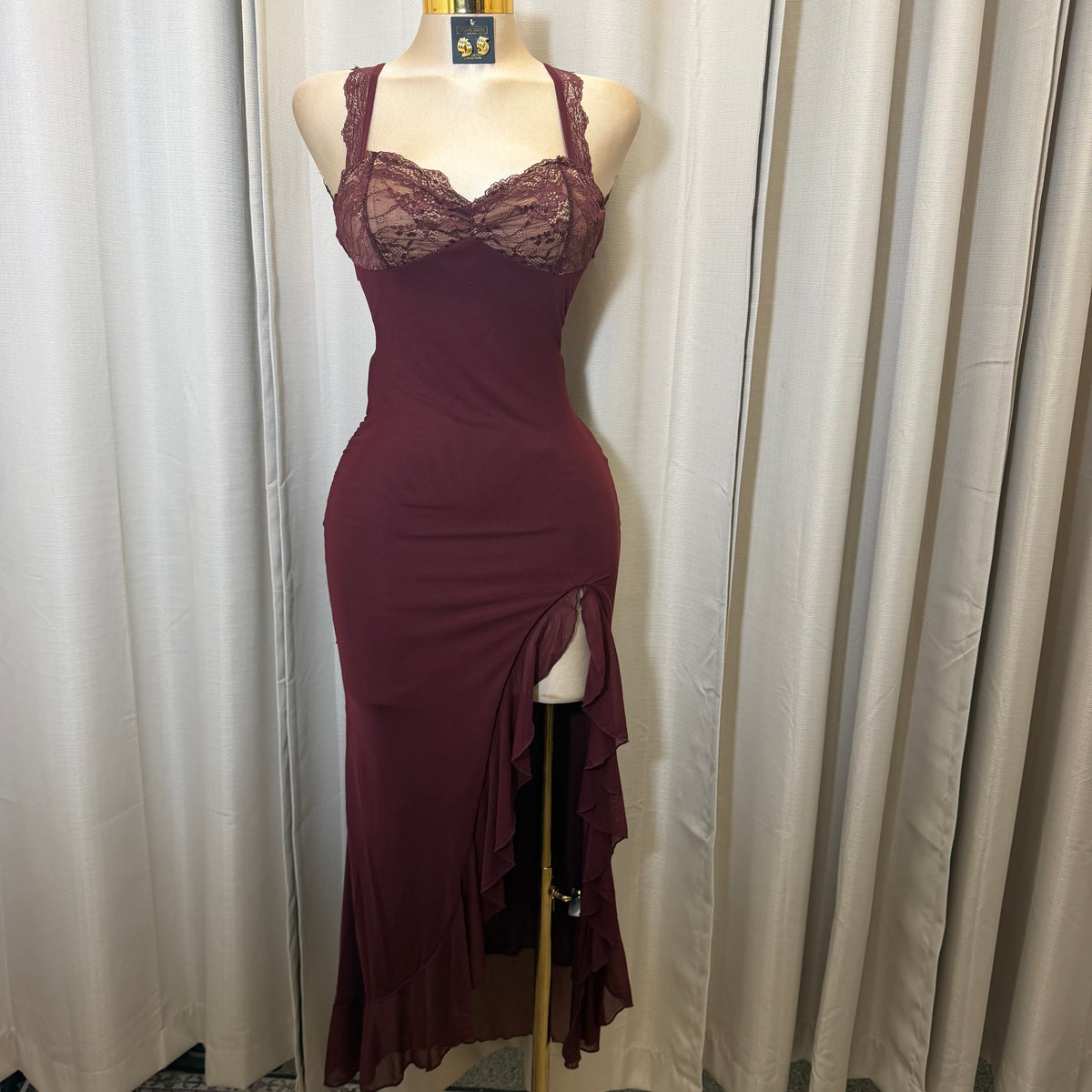 Solid Mesh Maxi Ruffle Dress-Burgundy/Plum