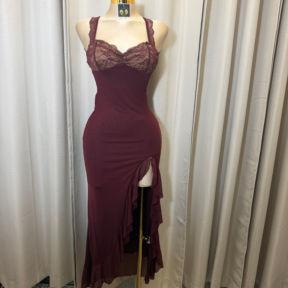 Solid Mesh Maxi Ruffle Dress-Burgundy/Plum