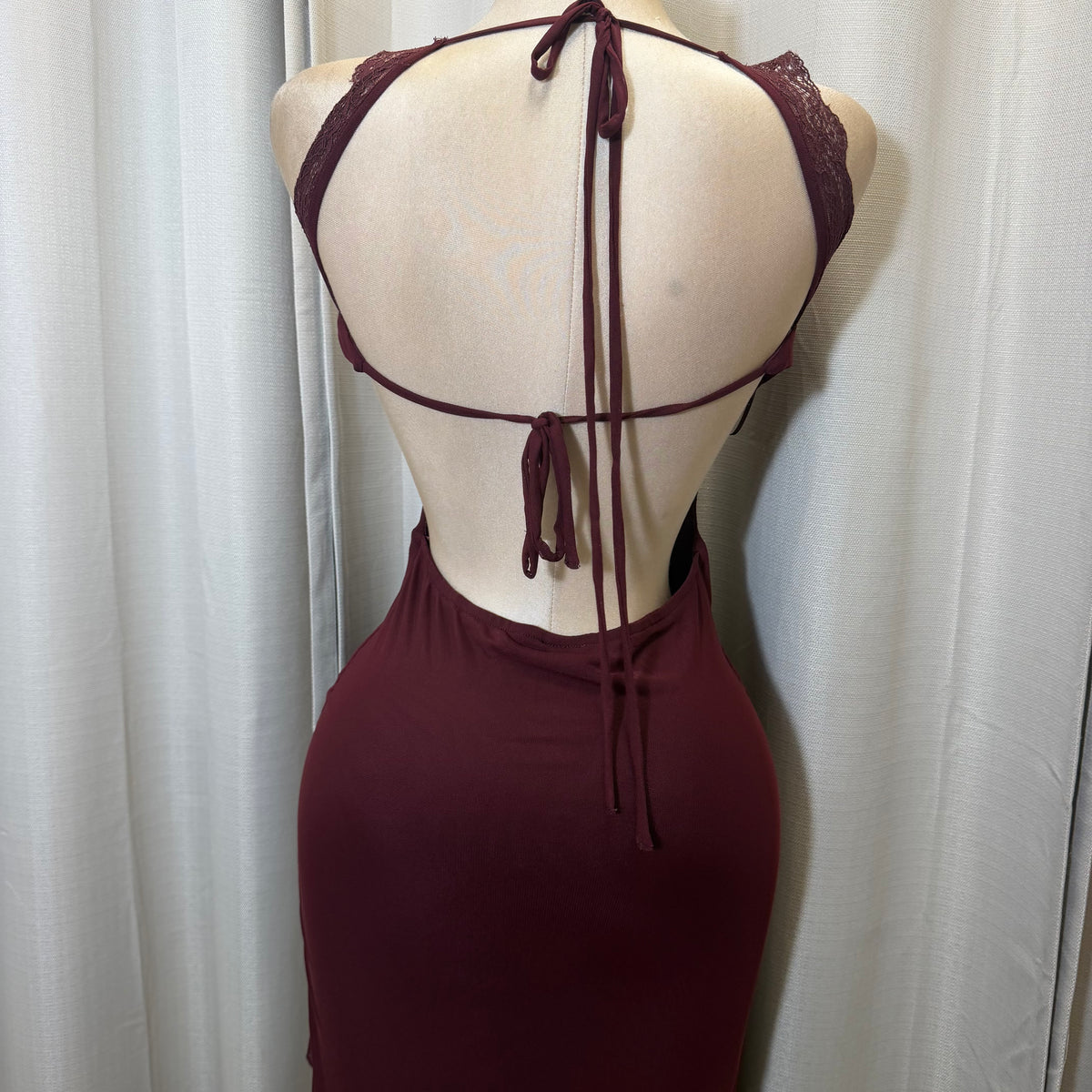 Solid Mesh Maxi Ruffle Dress-Burgundy/Plum