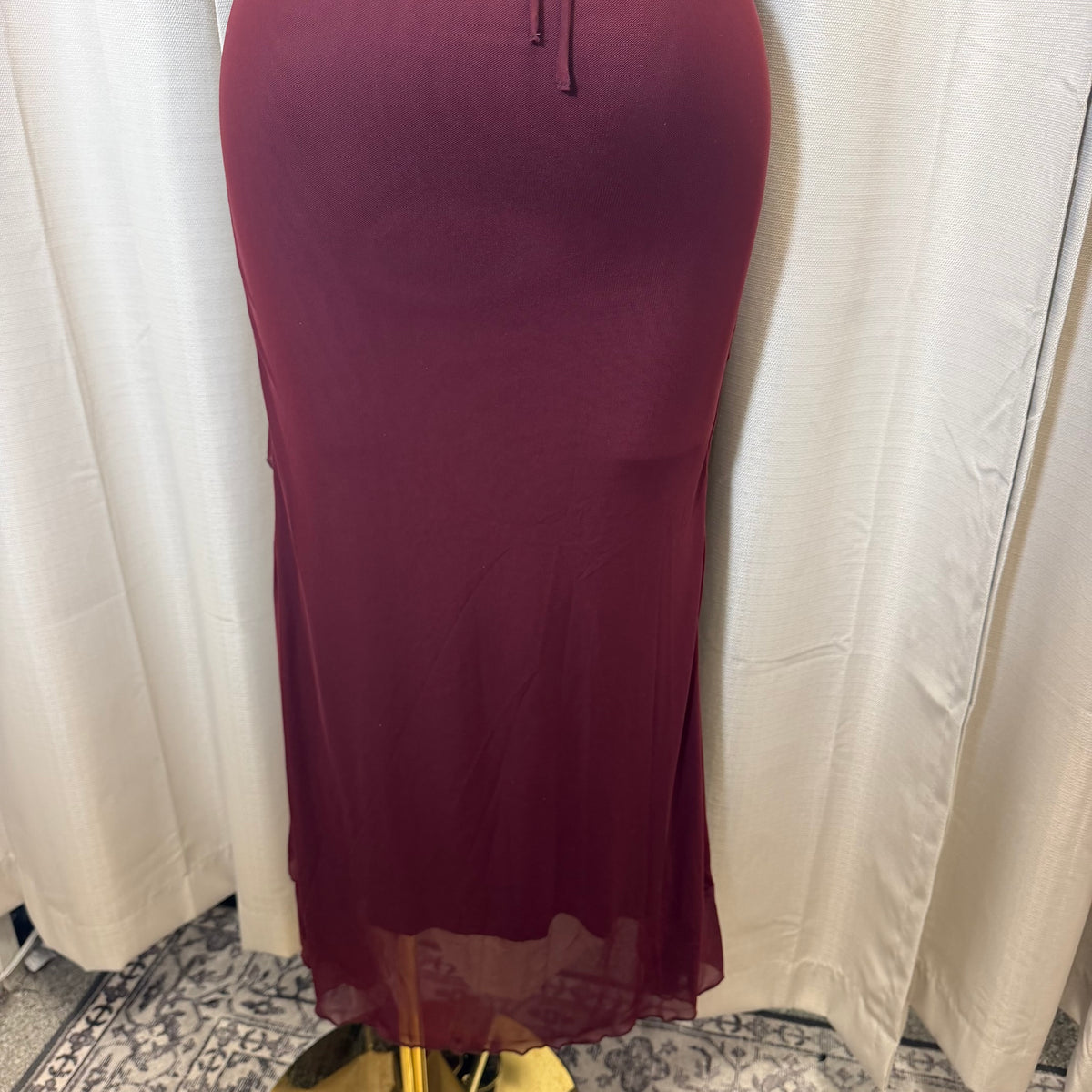 Solid Mesh Maxi Ruffle Dress-Burgundy/Plum