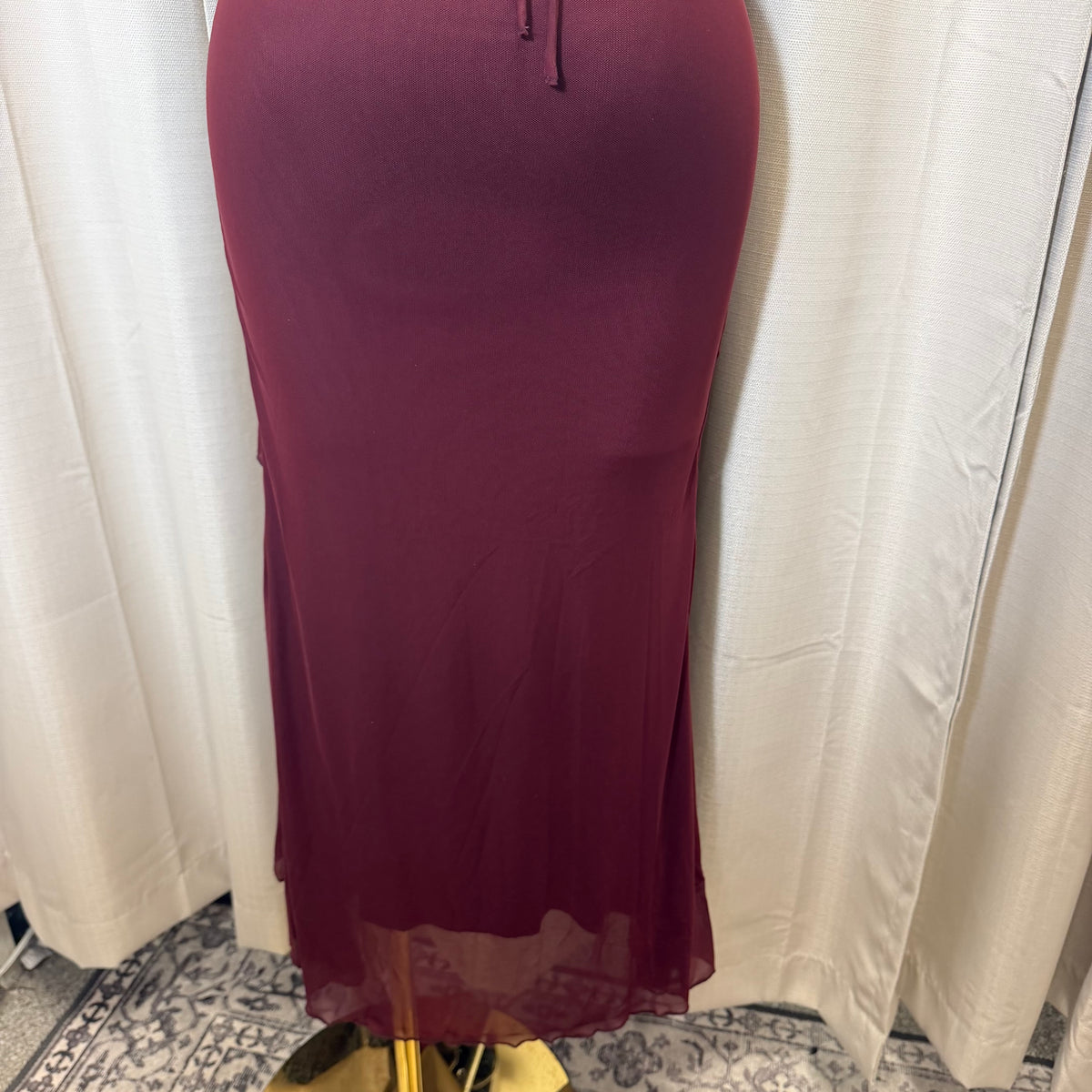 Solid Mesh Maxi Ruffle Dress-Burgundy/Plum