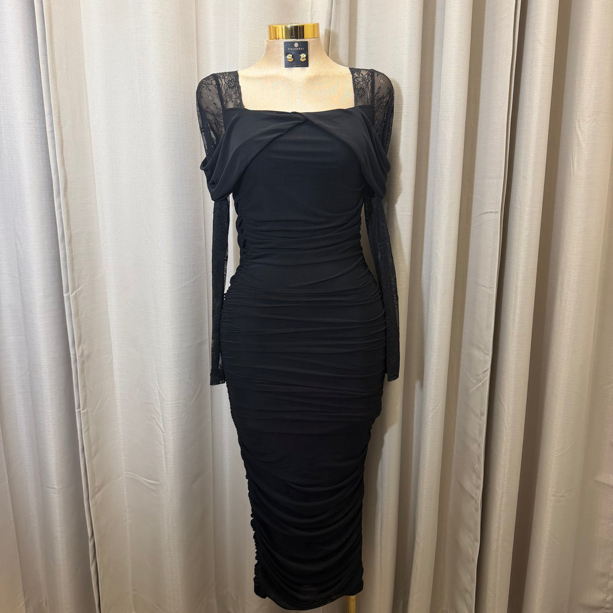 Mesh Long Sleeve Midi Dress-Black