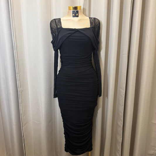 Mesh Long Sleeve Midi Dress-Black