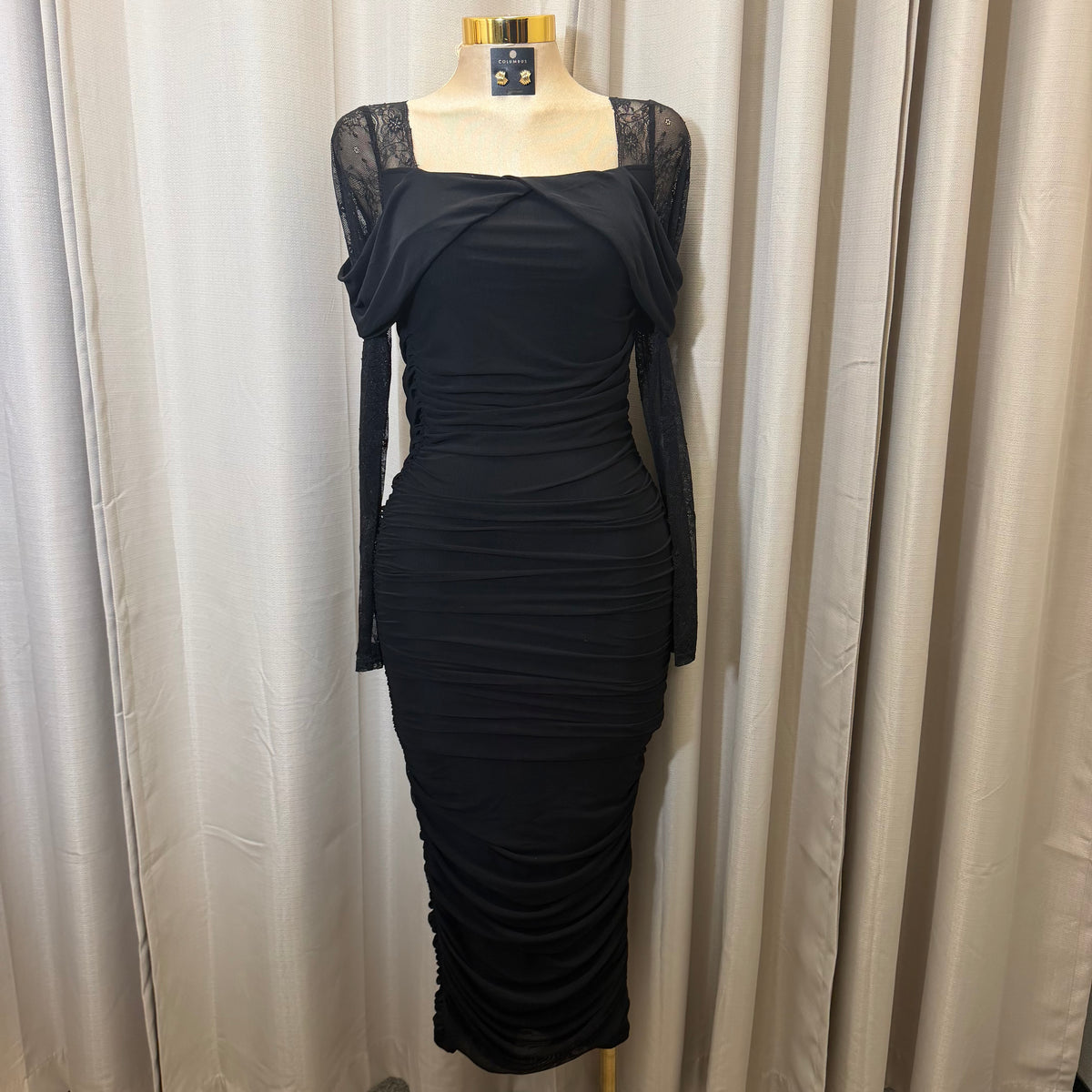 Mesh Long Sleeve Midi Dress-Black