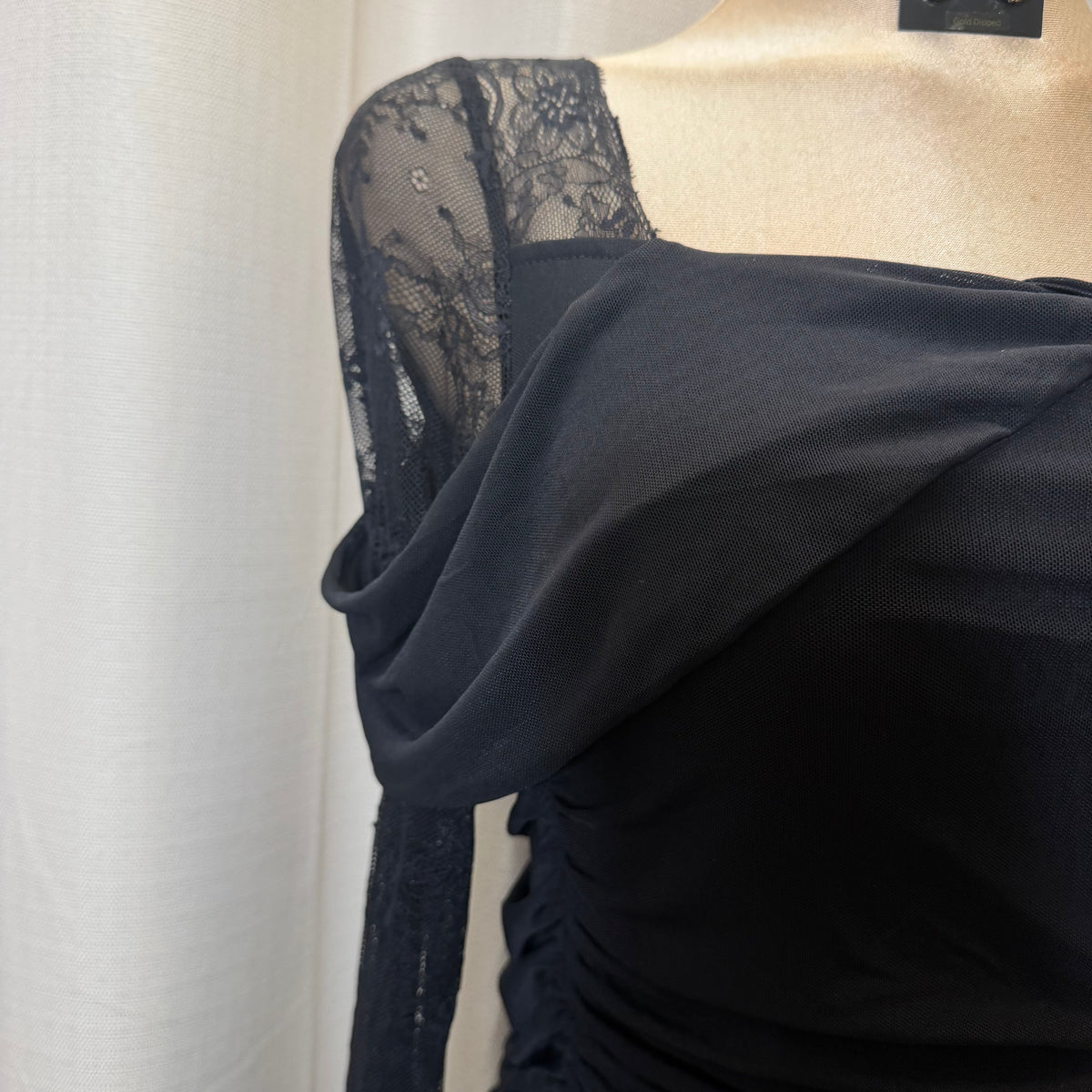 Mesh Long Sleeve Midi Dress-Black