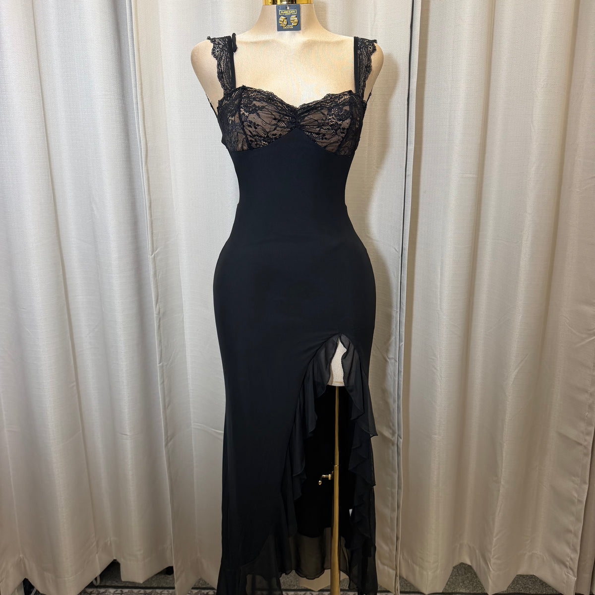 Solid Mesh Maxi Ruffle Dress-Black