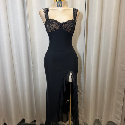 Solid Mesh Maxi Ruffle Dress-Black