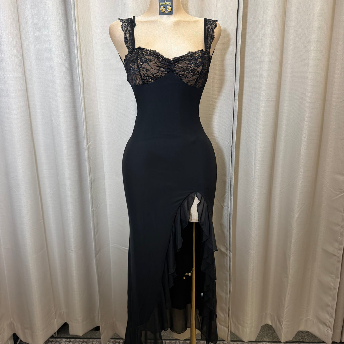 Solid Mesh Maxi Ruffle Dress-Black