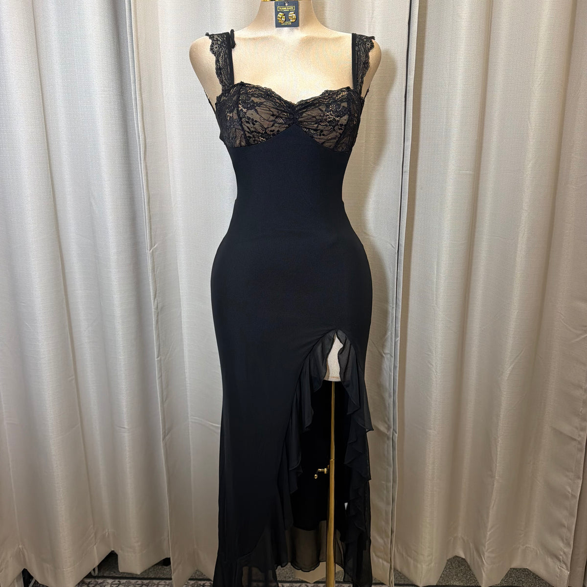 Solid Mesh Maxi Ruffle Dress-Black