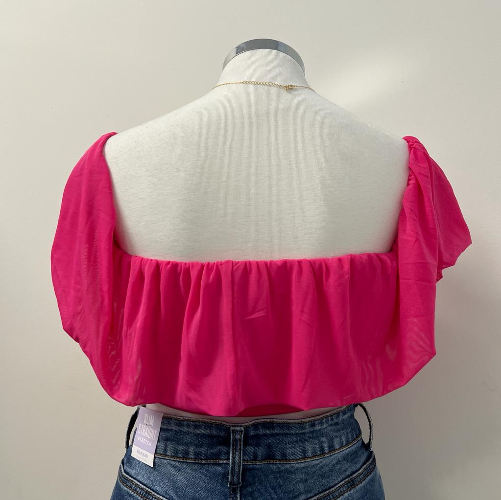 Kiera Off Shoulder Mesh Crop Top -Hot Pink