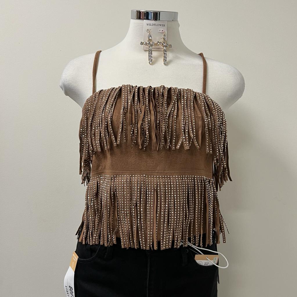 Babygirl Faux Suede Fringe Top-Mocha