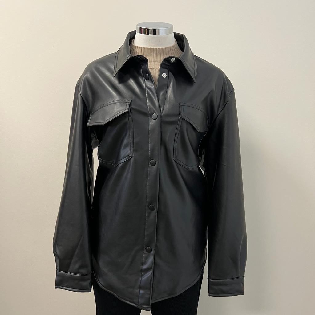 Jayla Button Down Leather Jacket PL- Black