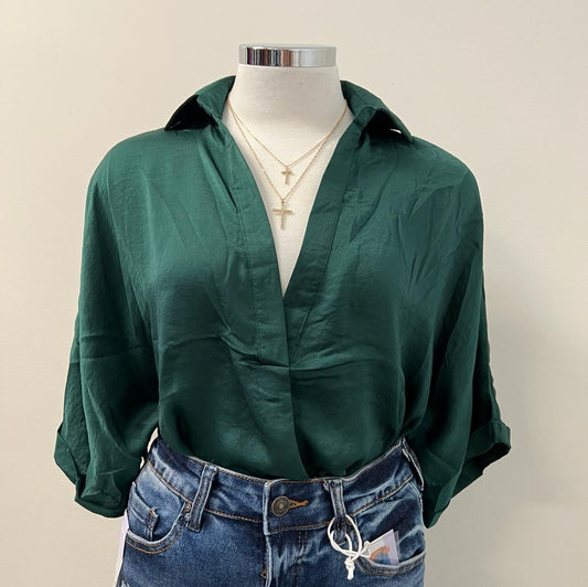 Kaelyn V Neck Collared Shirt -Hunter Green