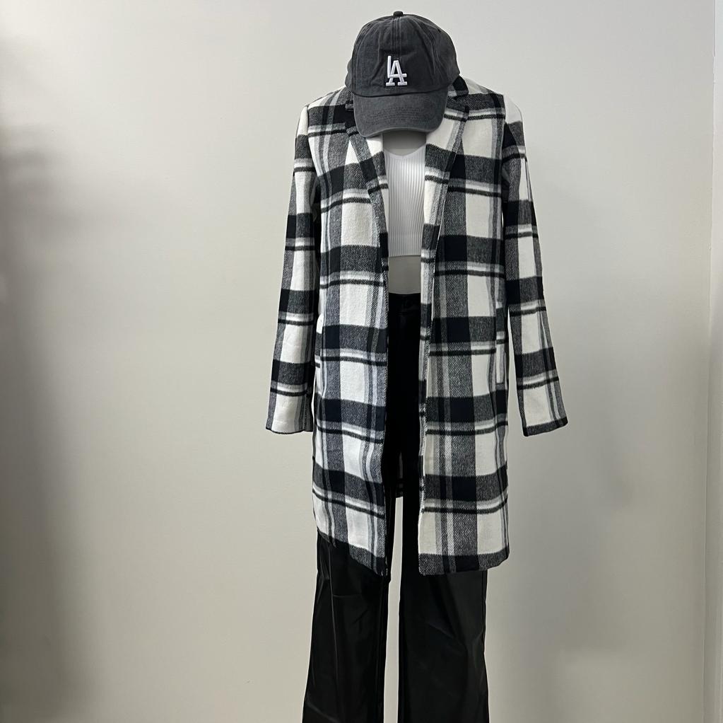 Laila Collared Plaid Wool Blend Full Coat -Black