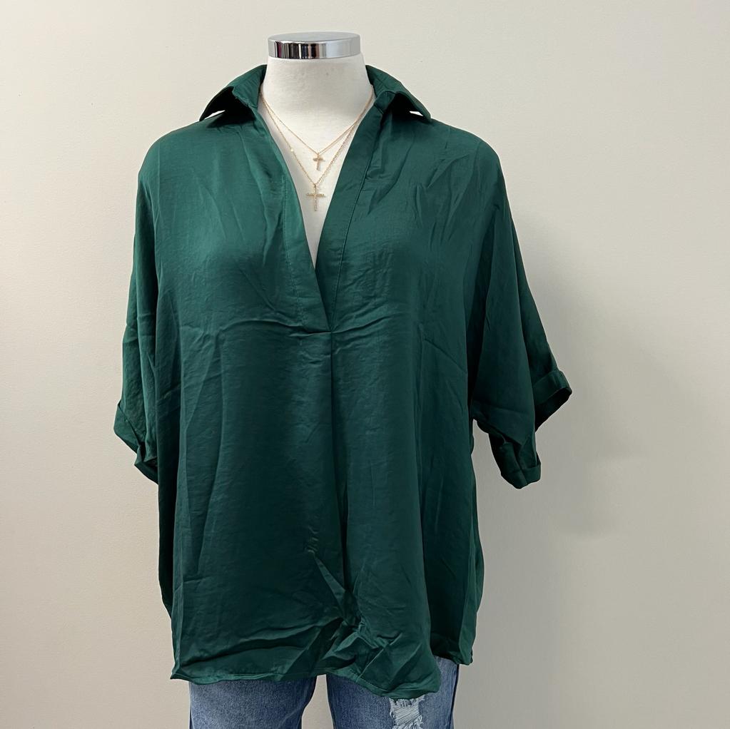 Kaelyn V Neck Collared Shirt -Hunter Green